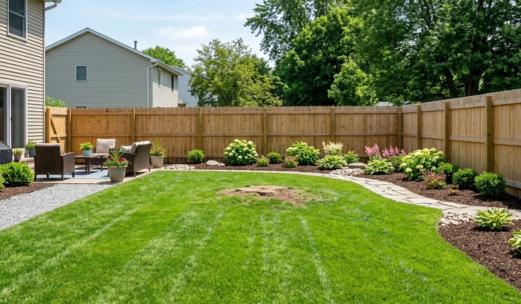 Finished backyard hardscape with stone walkway and outdoor seating in Buffalo, New York